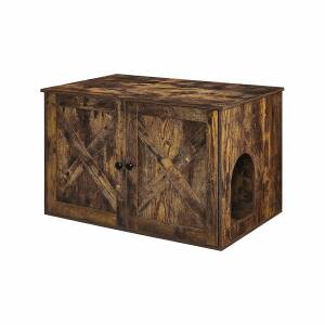 Innendørs kattehus i rustikk brun sponplate med doble dører – 80 × 53 × 49,2 cm