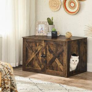 Innendørs kattehus i rustikk brun sponplate med doble dører – 80 × 53 × 49,2 cm