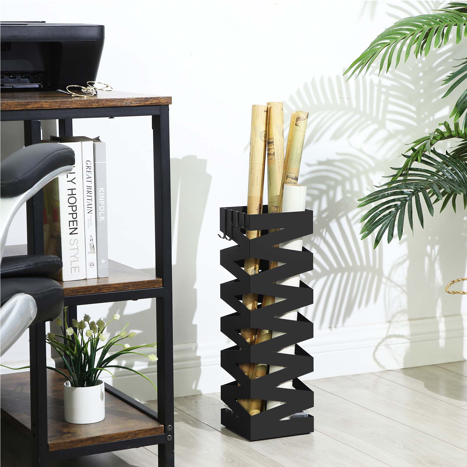 Metall-paraplystativ med kroker og vannoppsamler, firkantet, svart