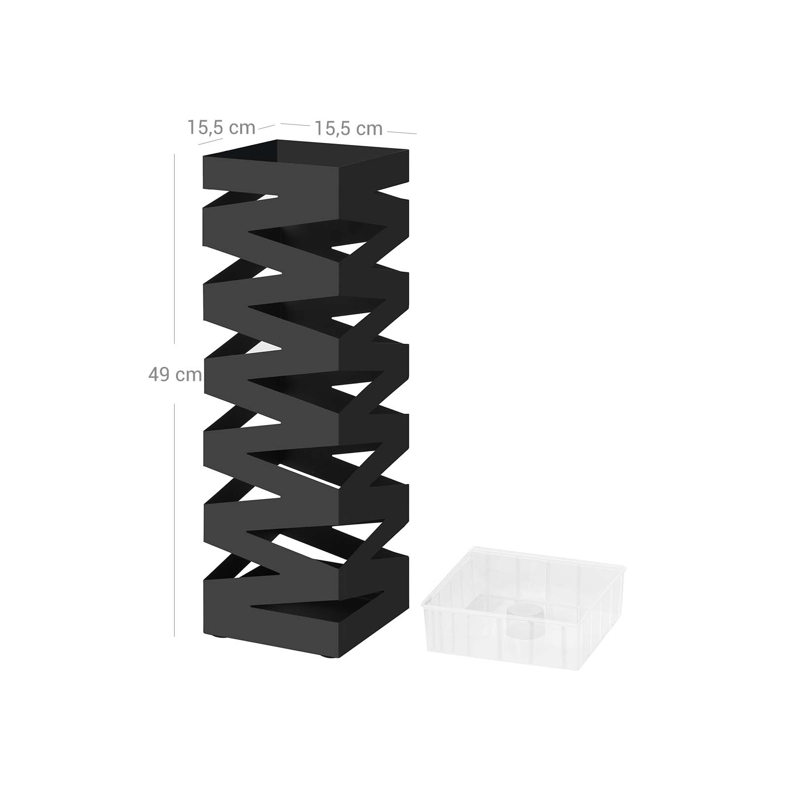 Metall-paraplystativ med kroker og vannoppsamler, firkantet, svart