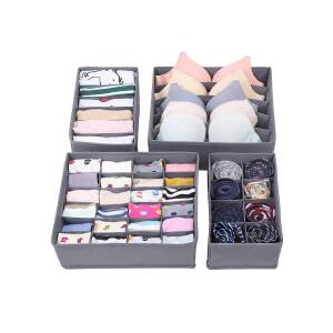 Oppbevaringsbokser 4-pakning for undertøy og småplagg – grå