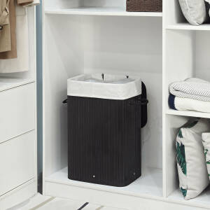 Skittentøyskurv 72 L i bambus – XL-modell, svart med vaskbar tøypose