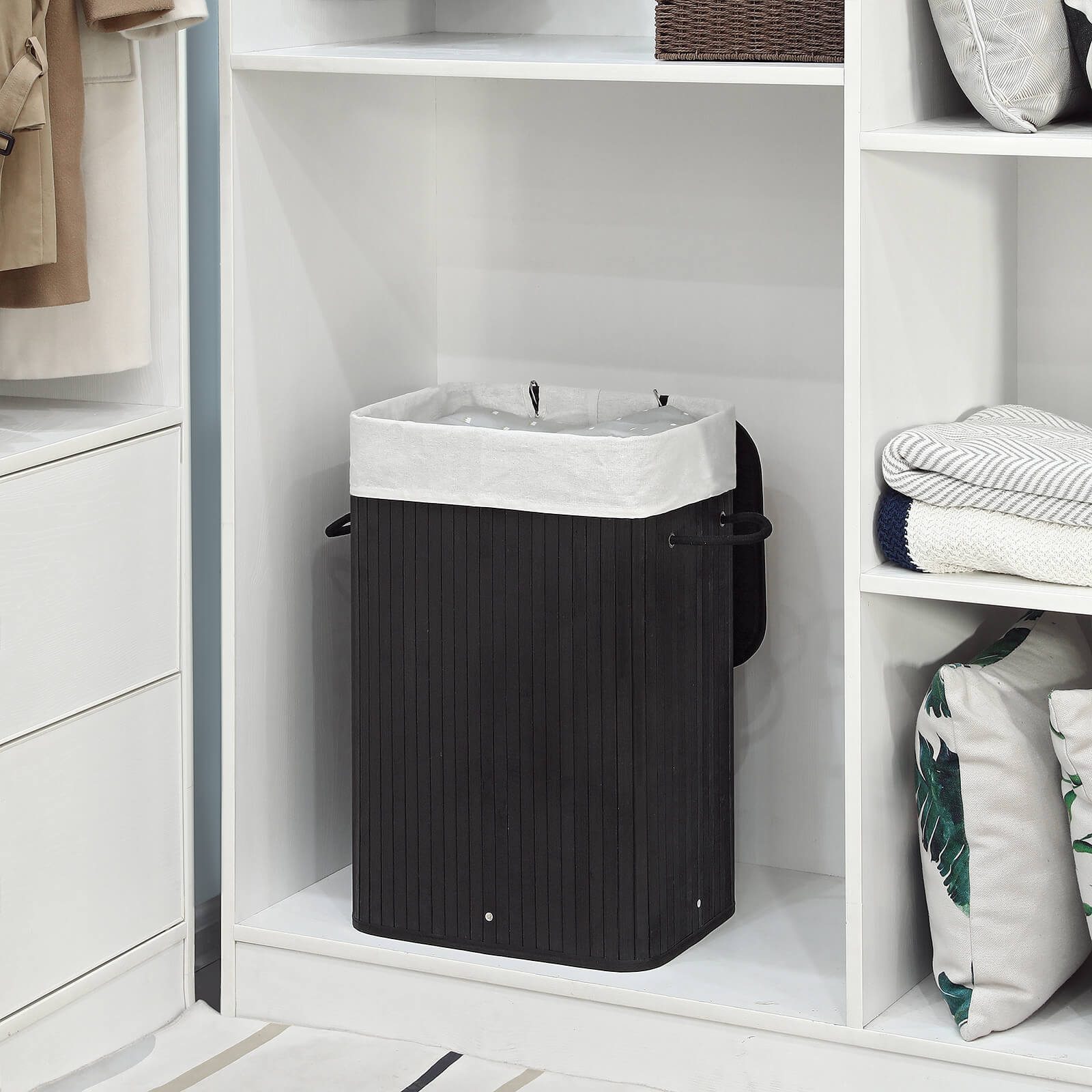 Skittentøyskurv 72 L i bambus – XL-modell, svart med vaskbar tøypose