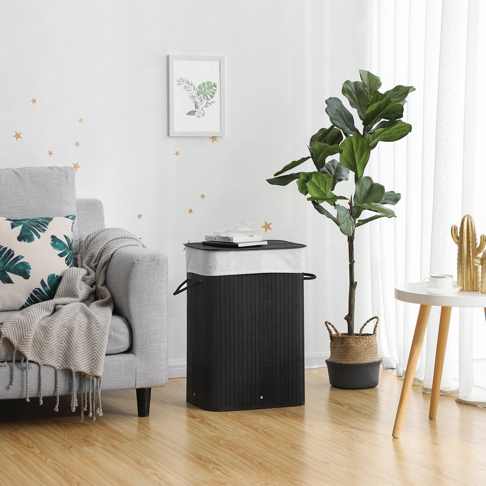 Skittentøyskurv 72 L i bambus – XL-modell, svart med vaskbar tøypose