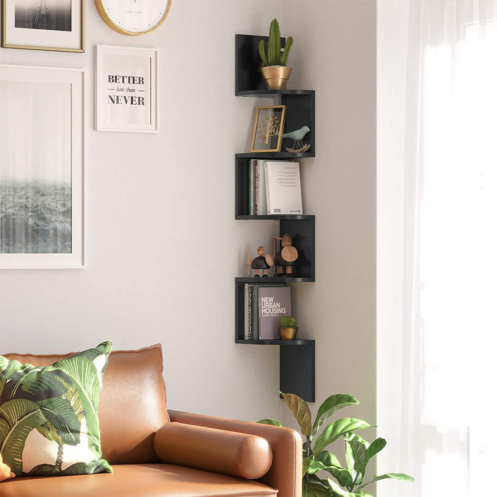 Zigzag hjørnevegghylle, 5 etasjer, svart