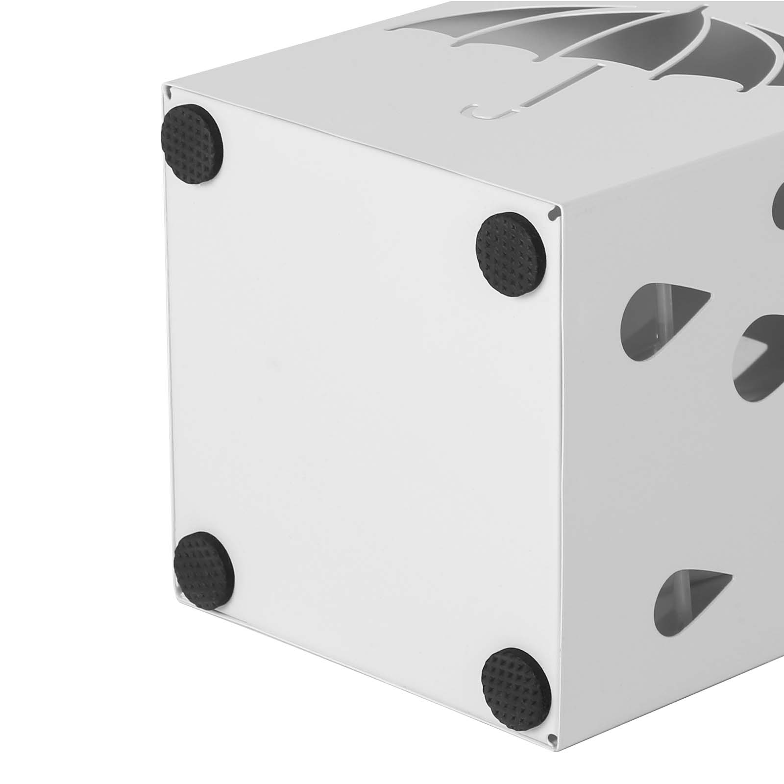 Hvitt firkantet paraplystativ i metall med kroker, 15,5 × 15,5 × 49 cm