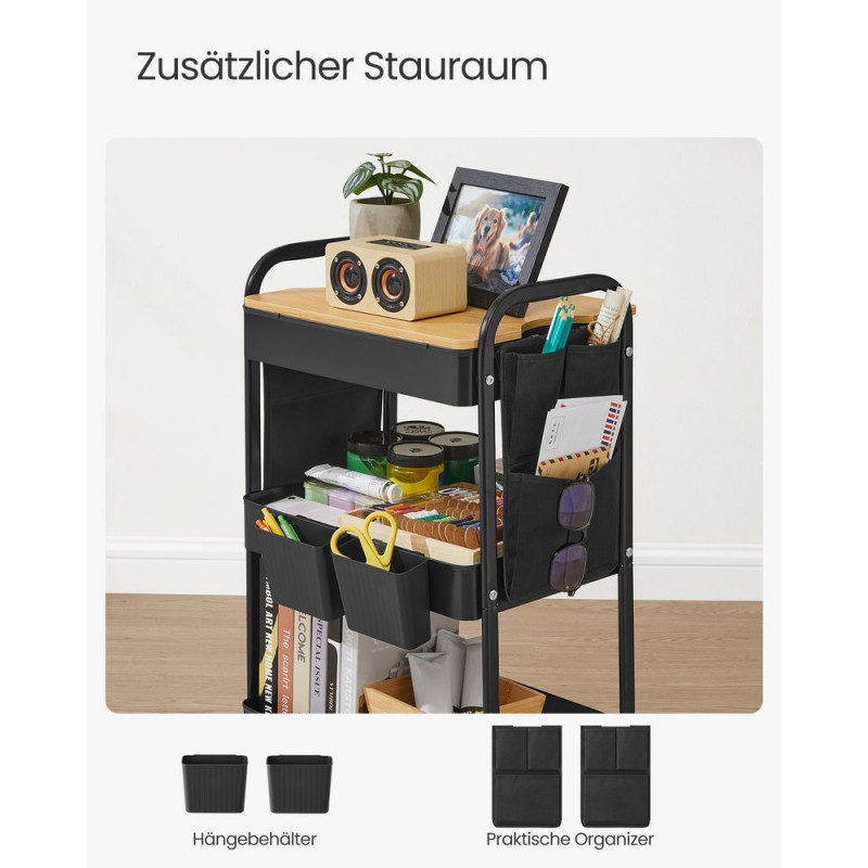 Allsidig rullvogn for oppbevaring – 3 nivåer, svart metall, sidelommer/siderom