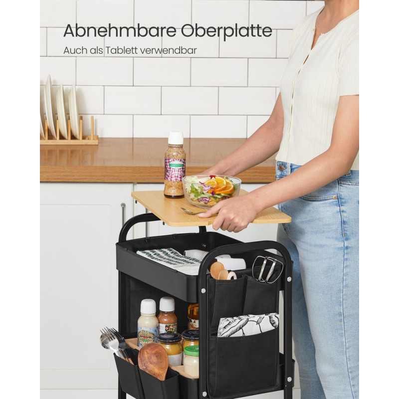 Allsidig rullvogn for oppbevaring – 3 nivåer, svart metall, sidelommer/siderom