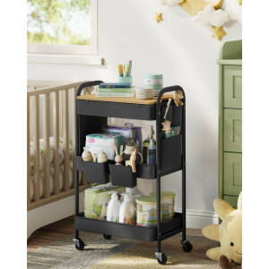 Allsidig rullvogn for oppbevaring – 3 nivåer, svart metall, sidelommer/siderom