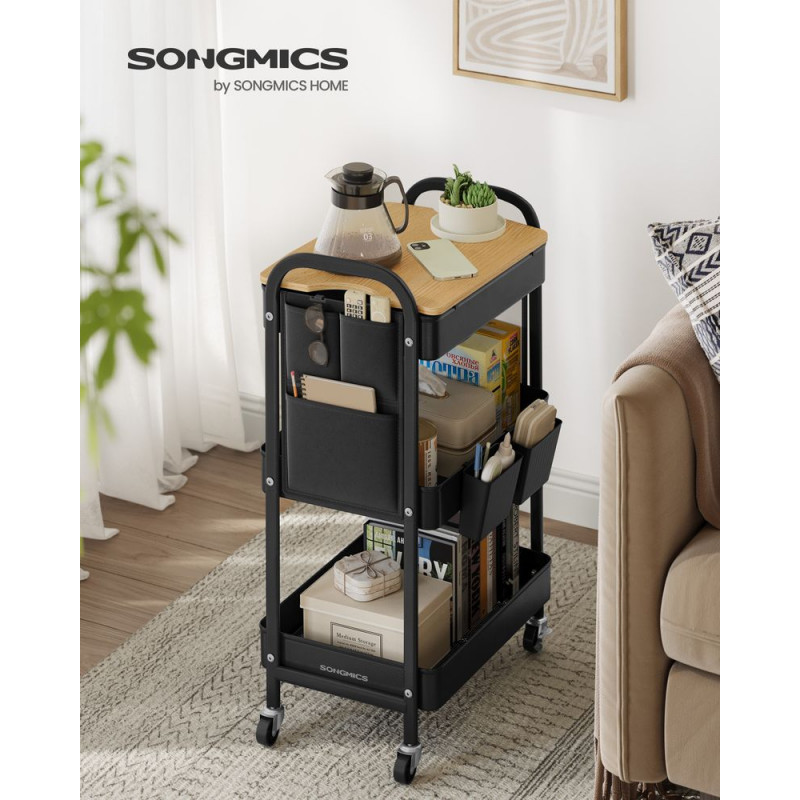 Allsidig rullvogn for oppbevaring – 3 nivåer, svart metall, sidelommer/siderom