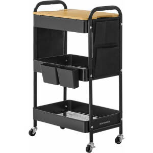 Allsidig rullvogn for oppbevaring – 3 nivåer, svart metall, sidelommer/siderom