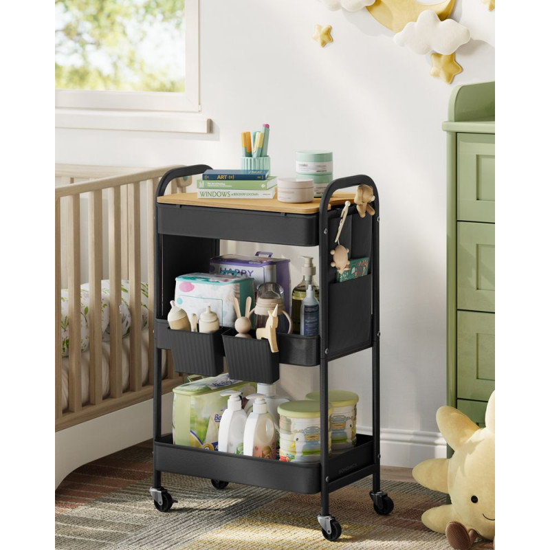 Allsidig rullvogn for oppbevaring – 3 nivåer, svart metall, sidelommer/siderom