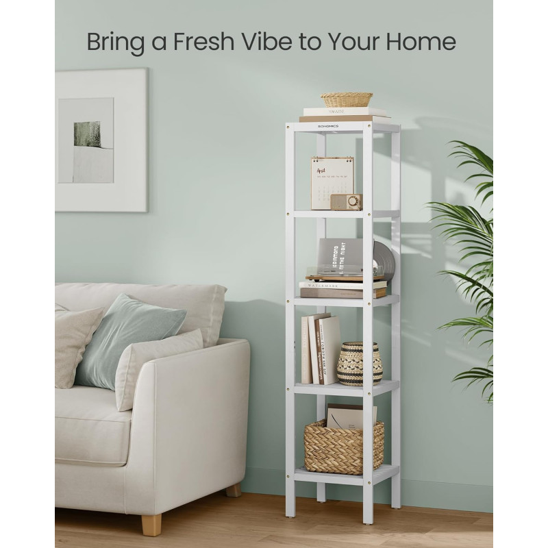 Baderomshylle i tre, 5 nivåer – slankt design i hvit, 33 × 33 × 146 cm