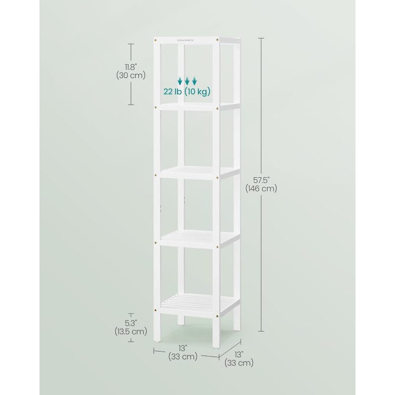 Baderomshylle i tre, 5 nivåer – slankt design i hvit, 33 × 33 × 146 cm