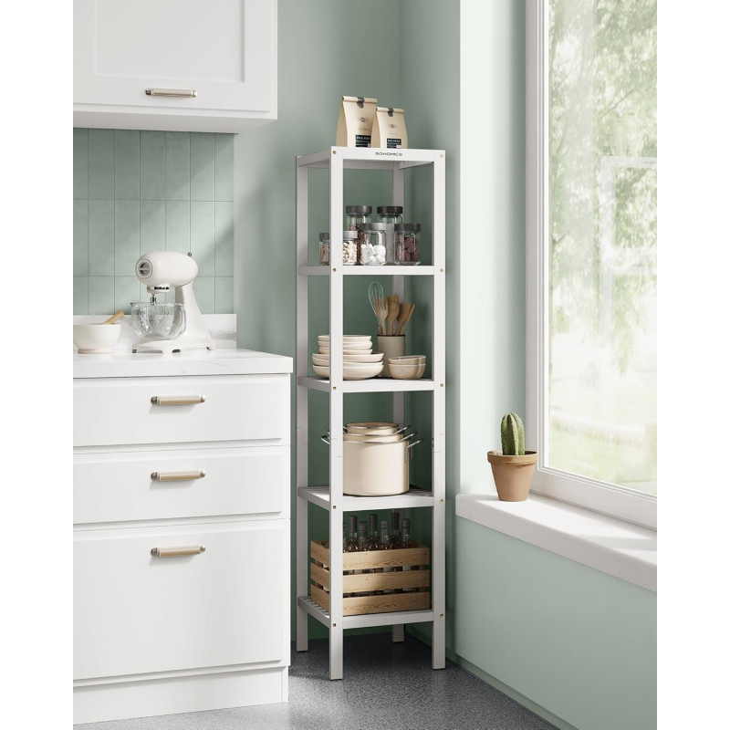 Baderomshylle i tre, 5 nivåer – slankt design i hvit, 33 × 33 × 146 cm