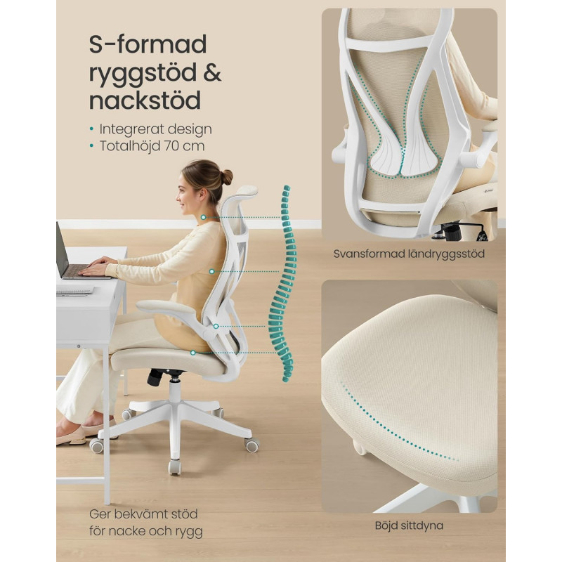 Ergonomisk kontorstol med nettingrygg og oppfellbare armlener – cappuccino-beige, maks 150 kg