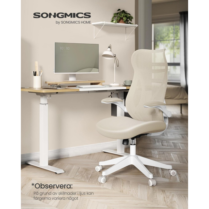 Ergonomisk kontorstol med nettingrygg og oppfellbare armlener – cappuccino-beige, maks 150 kg