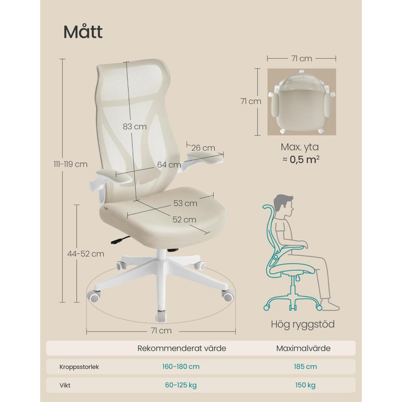 Ergonomisk kontorstol med nettingrygg og oppfellbare armlener – cappuccino-beige, maks 150 kg
