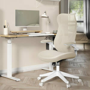 Ergonomisk kontorstol med nettingrygg og oppfellbare armlener – cappuccino-beige, maks 150 kg