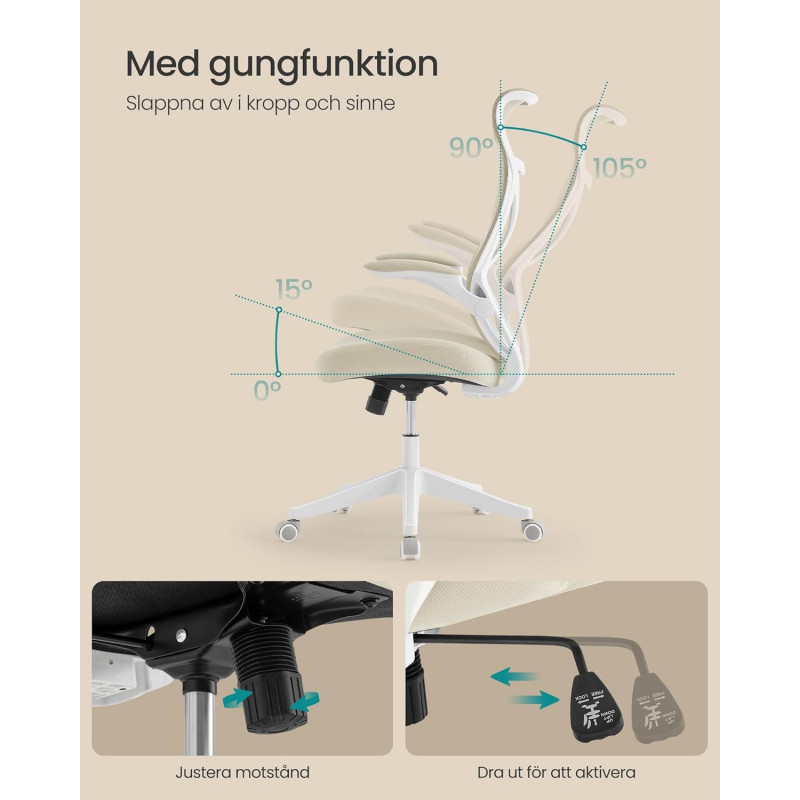 Ergonomisk kontorstol med nettingrygg og oppfellbare armlener – cappuccino-beige, maks 150 kg