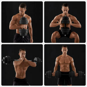 Hantler og vektstang – komplett sett med 16 vektskiver: 8 × 2,5 kg, 4 × 1,25 kg, 4 × 1 kg