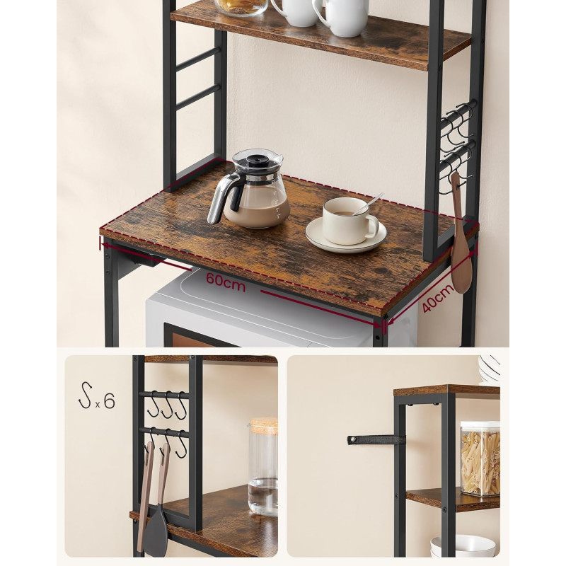 Høy oppbevaringshylle til kjøkken med benk, mikrorom og integrert stikkontakt – 60 × 40 × 167 cm, vintagebrun/svart