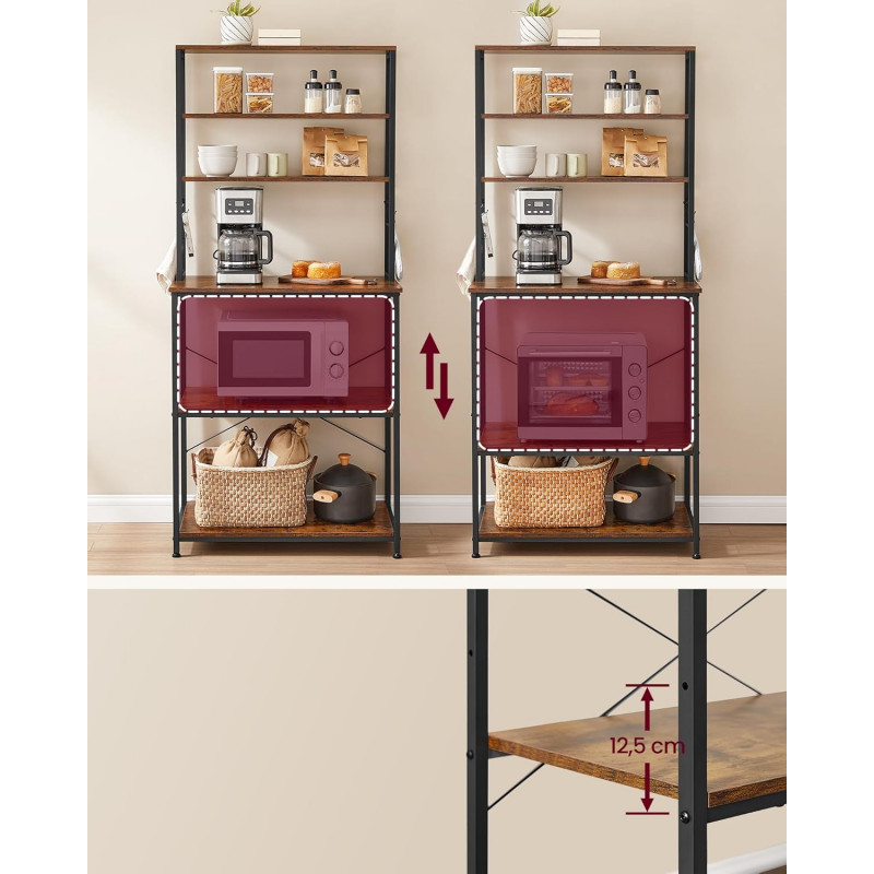 Høy oppbevaringshylle til kjøkken med benk, mikrorom og integrert stikkontakt – 60 × 40 × 167 cm, vintagebrun/svart