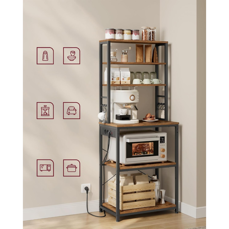Høy oppbevaringshylle til kjøkken med benk, mikrorom og integrert stikkontakt – 60 × 40 × 167 cm, vintagebrun/svart