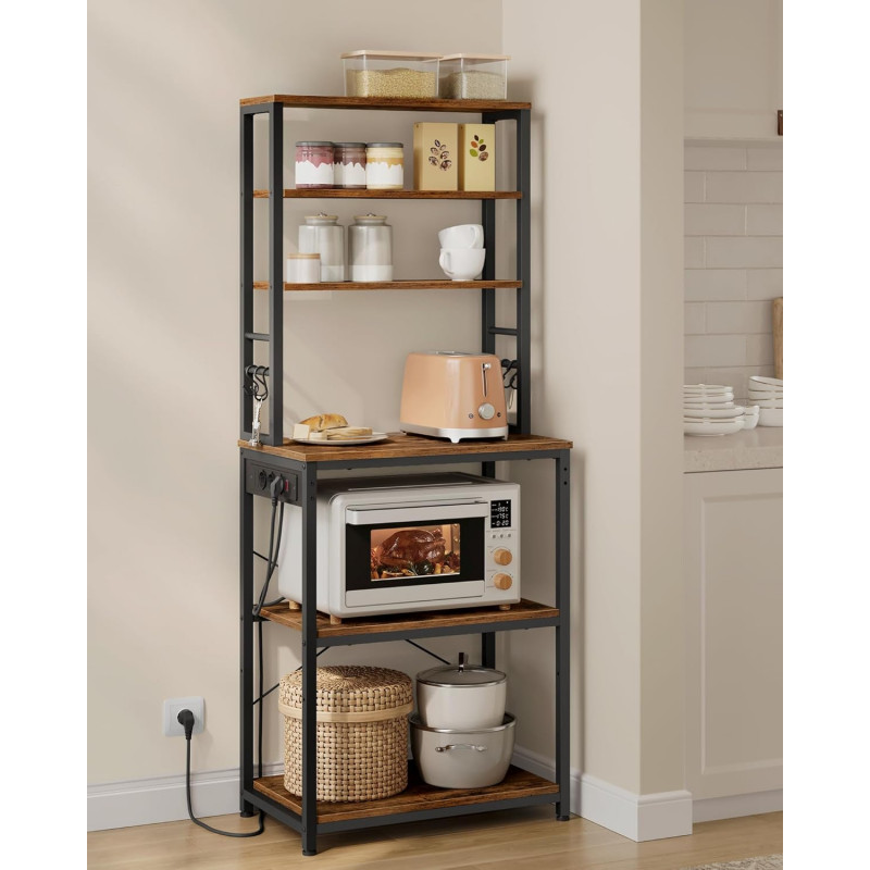 Høy oppbevaringshylle til kjøkken med benk, mikrorom og integrert stikkontakt – 60 × 40 × 167 cm, vintagebrun/svart