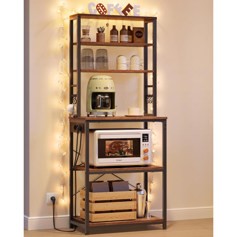 Høy oppbevaringshylle til kjøkken med benk, mikrorom og integrert stikkontakt – 60 × 40 × 167 cm, vintagebrun/svart