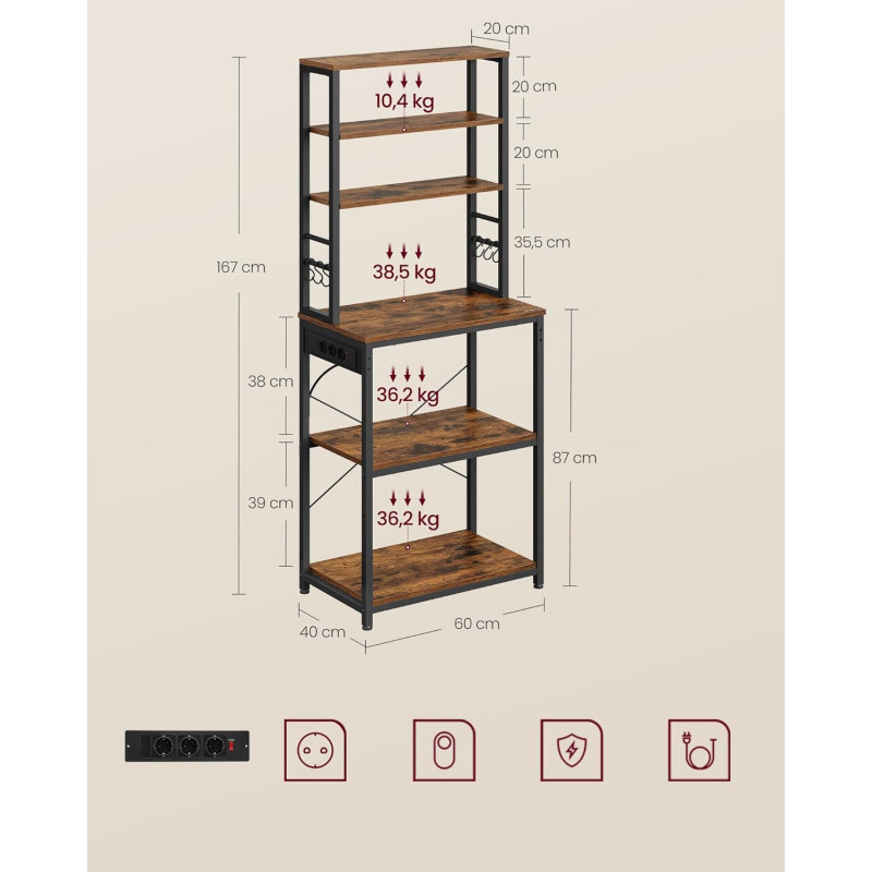 Høy oppbevaringshylle til kjøkken med benk, mikrorom og integrert stikkontakt – 60 × 40 × 167 cm, vintagebrun/svart