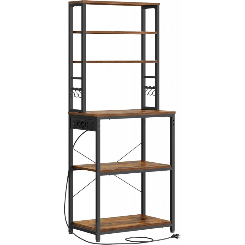 Høy oppbevaringshylle til kjøkken med benk, mikrorom og integrert stikkontakt – 60 × 40 × 167 cm, vintagebrun/svart