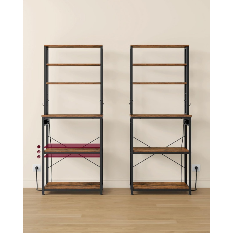 Høy oppbevaringshylle til kjøkken med benk, mikrorom og integrert stikkontakt – 60 × 40 × 167 cm, vintagebrun/svart