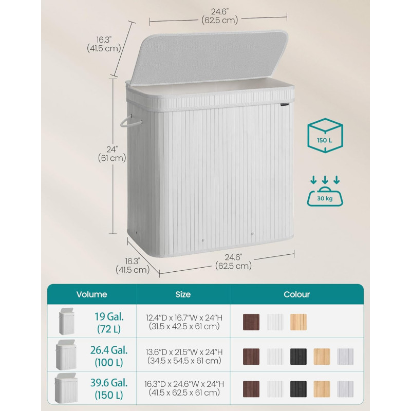 Hvit bambus skittentøyskurv med lokk – 150 liter, vaskbar pose med håndtak