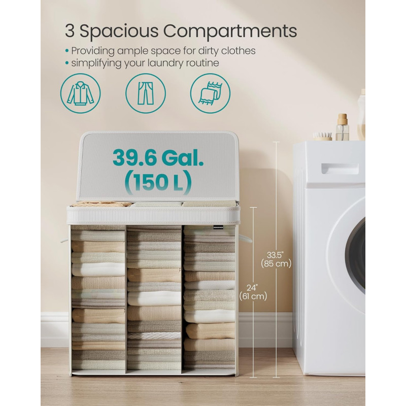 Hvit bambus skittentøyskurv med lokk – 150 liter, vaskbar pose med håndtak