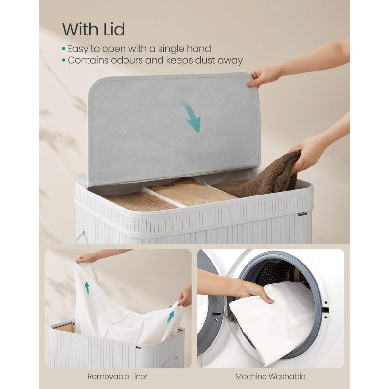 Hvit bambus skittentøyskurv med lokk – 150 liter, vaskbar pose med håndtak