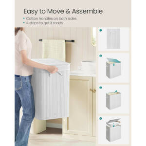 Hvit bambus skittentøyskurv med lokk – 150 liter, vaskbar pose med håndtak