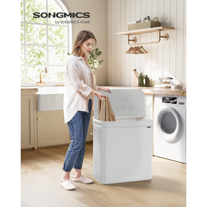 Hvit bambus skittentøyskurv med lokk – 150 liter, vaskbar pose med håndtak