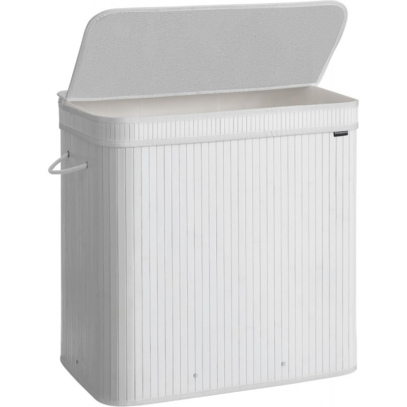 Hvit bambus skittentøyskurv med lokk – 150 liter, vaskbar pose med håndtak