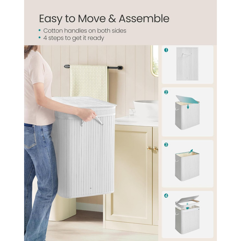 Hvit bambus skittentøyskurv med lokk – 150 liter, vaskbar pose med håndtak