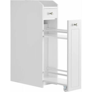 Hvit smal baderomsbenk med uttrekkbare skuffer – 18 × 40 × 70 cm