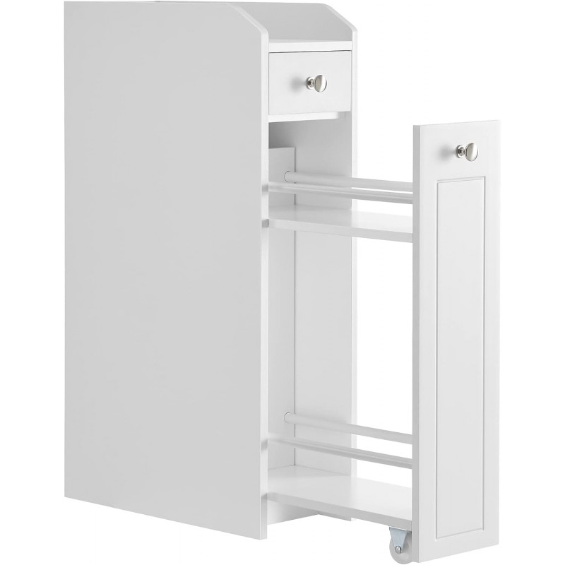 Hvit smal baderomsbenk med uttrekkbare skuffer – 18 × 40 × 70 cm