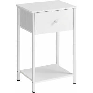 Hvitt nattbord med oppbevaringsskuff i stoff – 28 × 38 × 61 cm