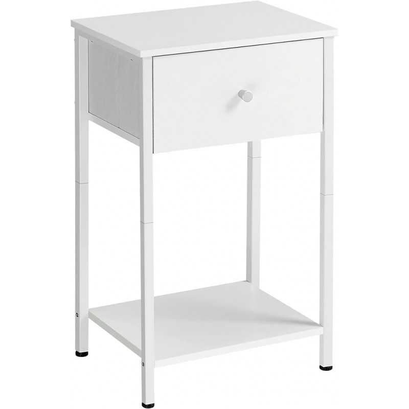 Hvitt nattbord med oppbevaringsskuff i stoff – 28 × 38 × 61 cm