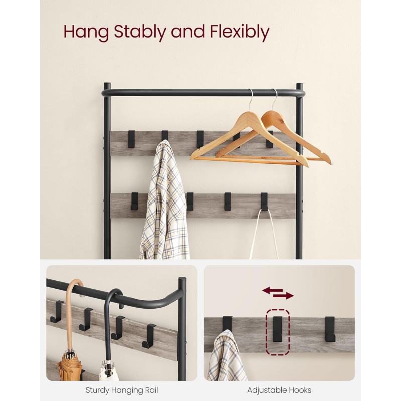 Industriell klesstativ med skostativ og sittebenk – greige