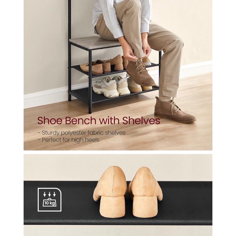 Industriell klesstativ med skostativ og sittebenk – greige