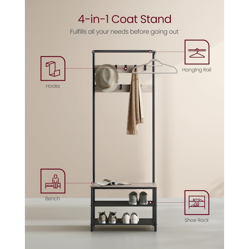 Industriell klesstativ med skostativ og sittebenk – greige