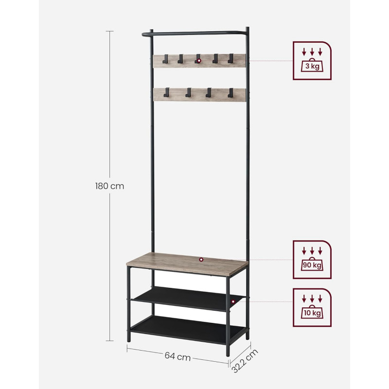 Industriell klesstativ med skostativ og sittebenk – greige