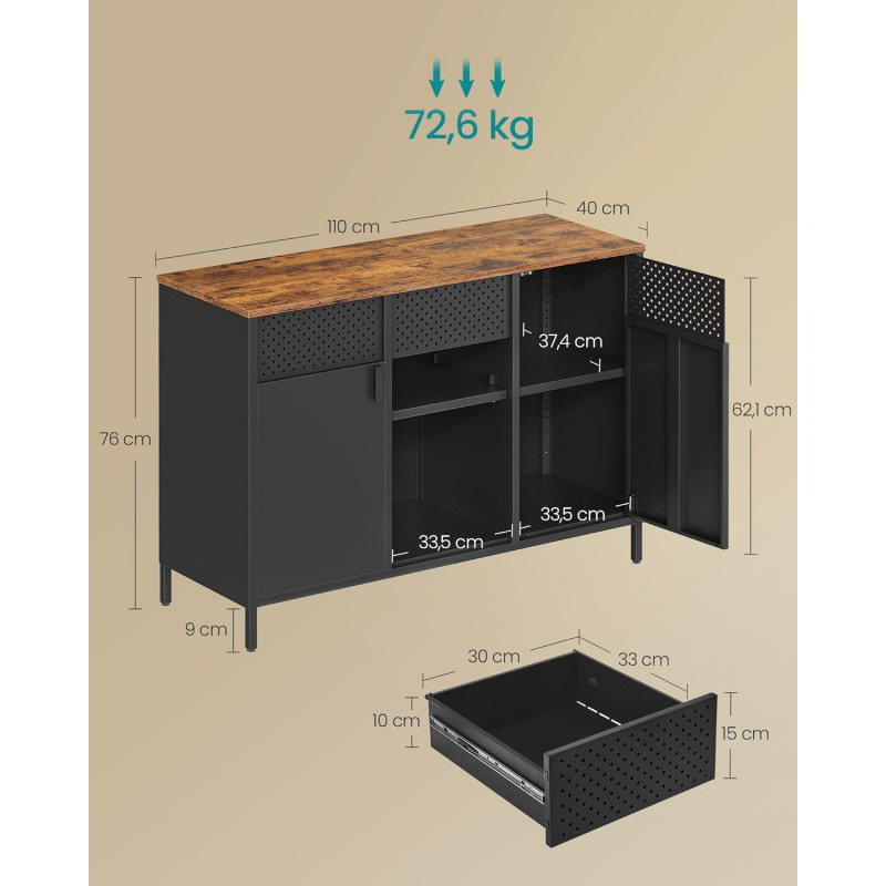 Industriell skjenk i vintagebrun/mattsvart – 110 × 40 × 76 cm