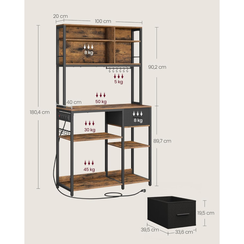 Kjøkkenhylle 100 × 40 × 180,4 cm med integrert stikkontakt – vintagebrun